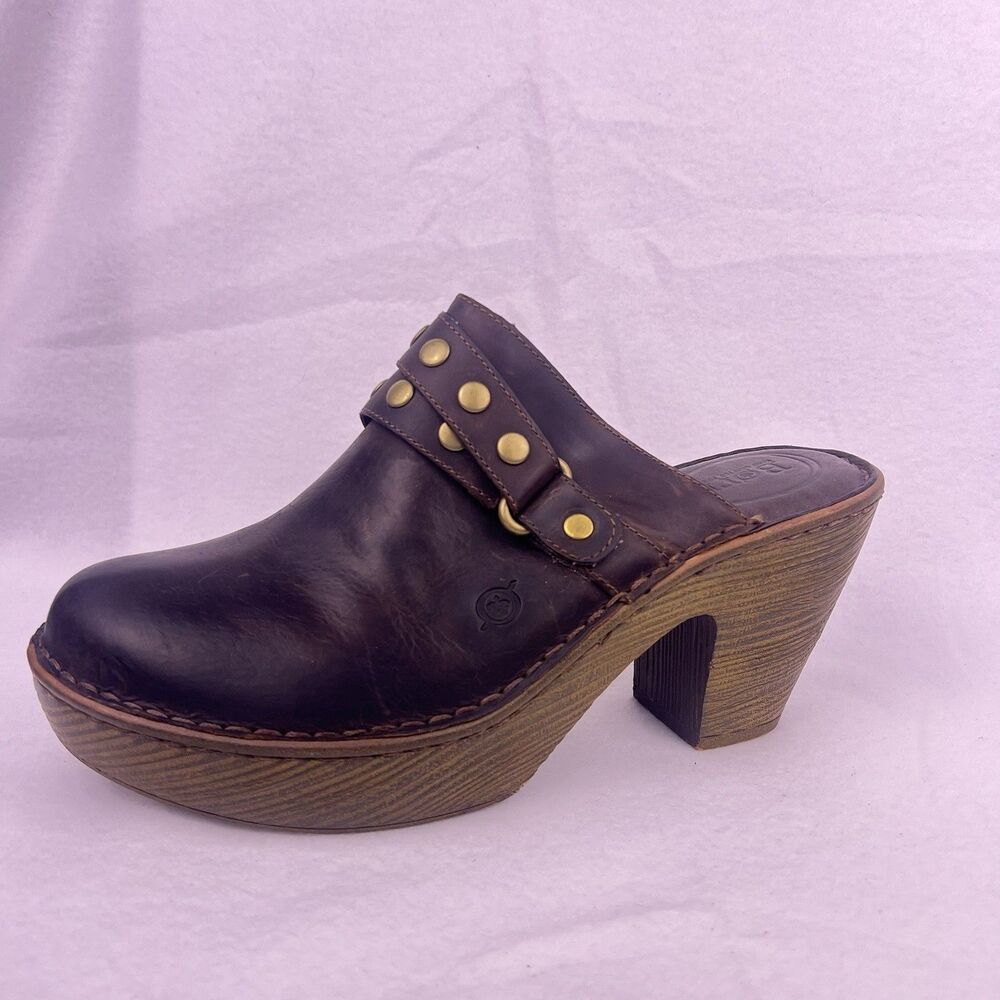 Born Brown Leather Platform Mules Chunky High Heel Clogs Studded Buckle Size 11 - Picture 6 of 16